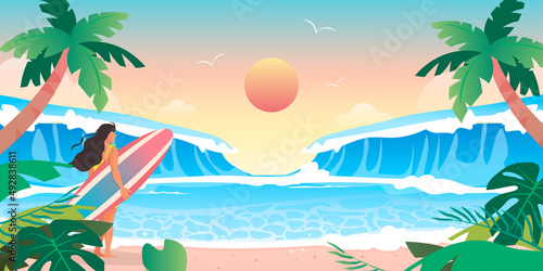 Summer surfing background vector illustration. Big waves and summer beach with the girl holding surfboard