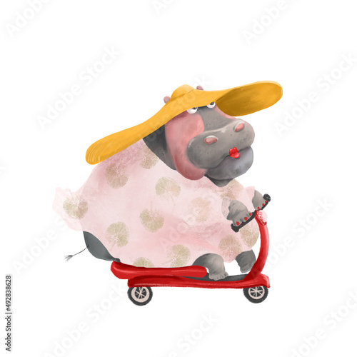 A hippo lady with red lips in a dress and a hat drives scooter. Cute cartoon character.