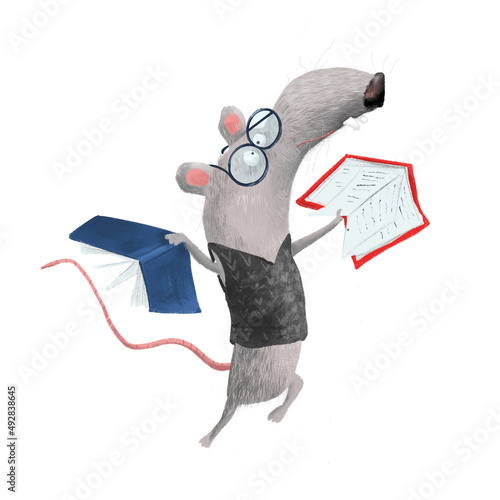 Crazy lovely rat with big glasses and knitted waistcoat dances with books. Cute cartoon character.