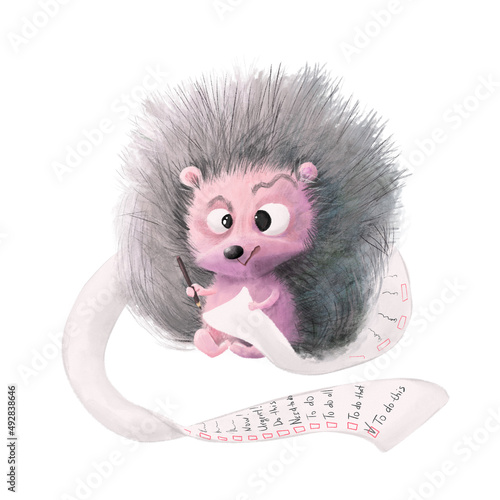 Stressed lovely hedgehog with a long to do list. Cute cartoon character.