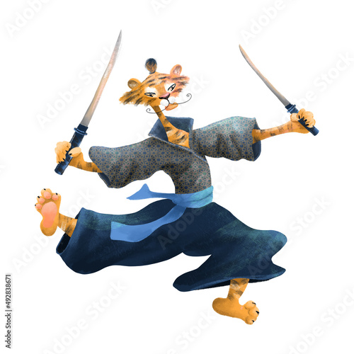 A tiger samurai in kimono with swords. Cute cartoon character.