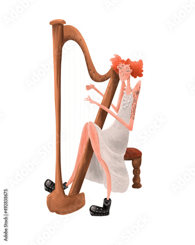 A red haired woman with big black boots and tattoo plays the harp. Cute cartoon character.
