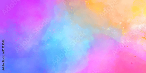 Beautiful colorful aquarelle paper textured ink effect grungy wet pastel illustration for design. Modern creative smeared blue, purple and pink shades watercolor background for vintage card, retro. 