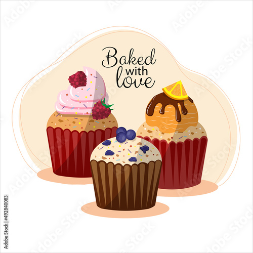 Muffins and cupcakes with raspberries  chocolate and orange  blueberries. Baking with love. Cafe menu  postcard