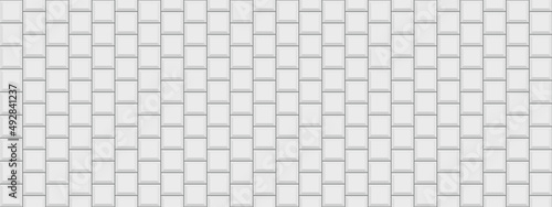 Tile subway wall. Seamless brick metro background. White kitchen backsplash. Ceramic pattern. Apron faience print. Cement texture. Retro rectangle brickwall. Vintage stone surface. Vector illustration