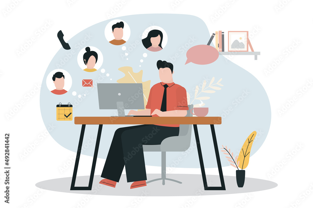 Man in front of computer monitor video calling colleagues. Guy call partners to discuss business plans. Concept of outsourcing company and teamwork Man in front of computer monitor video calling colleagues. Guy call partners to discuss business plans. Concept of outsourcing company and teamwork