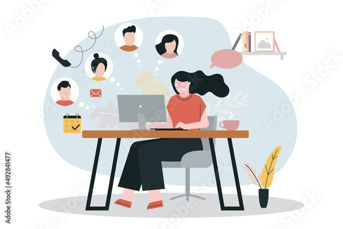 Woman in front of computer monitor video calling colleagues. Girl call partners to discuss business plans. Concept of outsourcing company and teamwork