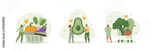 Grocery vegetables illustration set. Character buying fresh organic vegetables and putting in shopping trolley and basket. Local production support concept. Vector illustration.