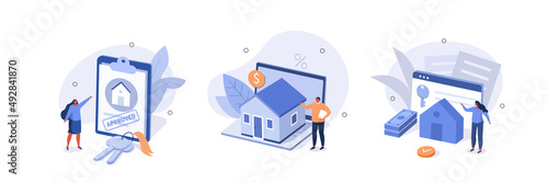 Mortgage process illustration set. People buying property with mortgage. Characters getting bank approval, reading contact and legal documents and receiving house keys. Vector illustration.