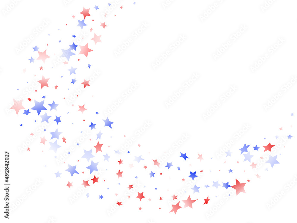 Flying red blue white star sparkles on white vector american patriotic background.
