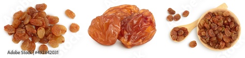 Brown raisin isolated on white background with clipping path. Top view. Flat lay. Set or collection