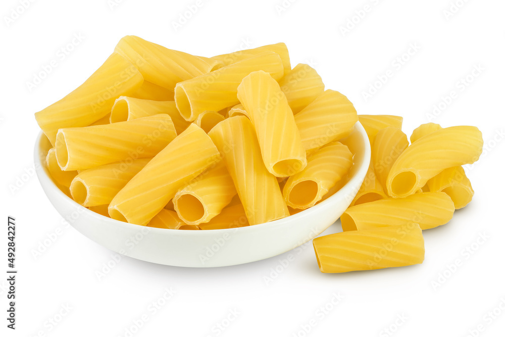 raw italian Rigatoni pasta in ceramic bowl isolated on white background with clipping path and full depth of field raw italian Rigatoni pasta in ceramic bowl isolated on white background with clipping path and full depth of field