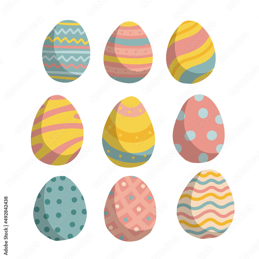 Set of Easter eggs with different texture isolated on a white background. Spring holiday celebration elements. Vector flat hand drawn Illustration. Happy easter egg.
