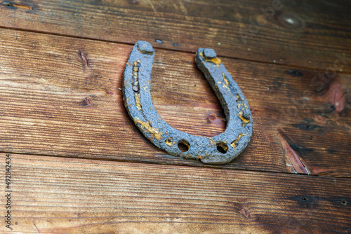 old horseshoe and rake on a wooden door