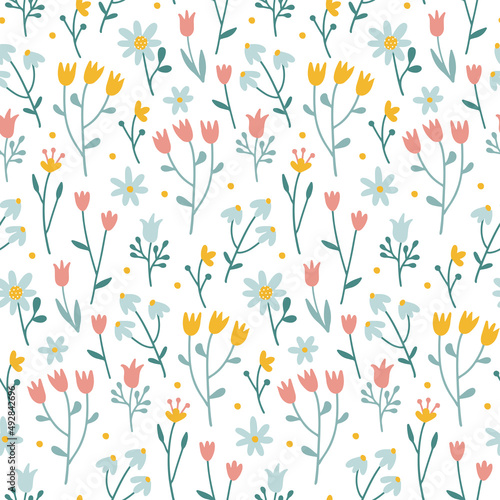 Seamless pattern with flowers in folk hand drawn style. Botanical ornament with minimalistic elements in trendy pastel color. Simple vector repeating texture. Modern swatch. Flat vector illustration.