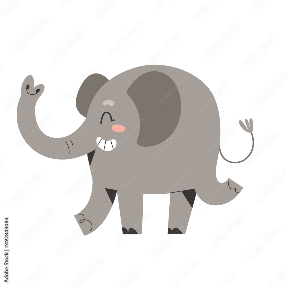 Cute african elephant waving trunk, funny comic animal dancing and smiling, cute cartoon character for nursery, isolated vector illustration in scandi style. Cute african elephant waving trunk, funny comic animal dancing and smiling, cute cartoon character for nursery, isolated vector illustration in scandi style.