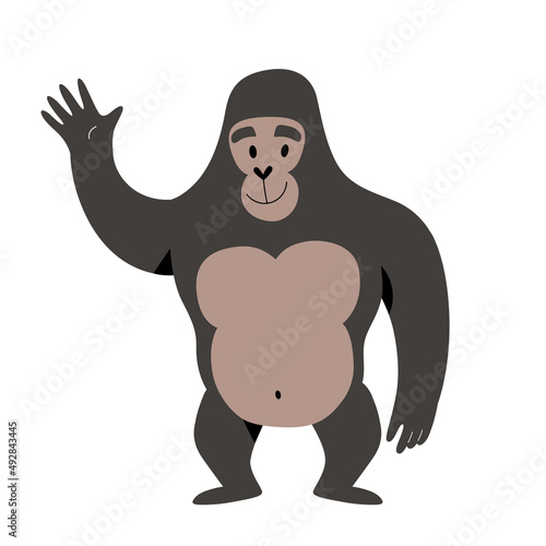 Cute gorilla character smiling and waving hello, vector illustration isolated on white background, good as graphic print or sticker