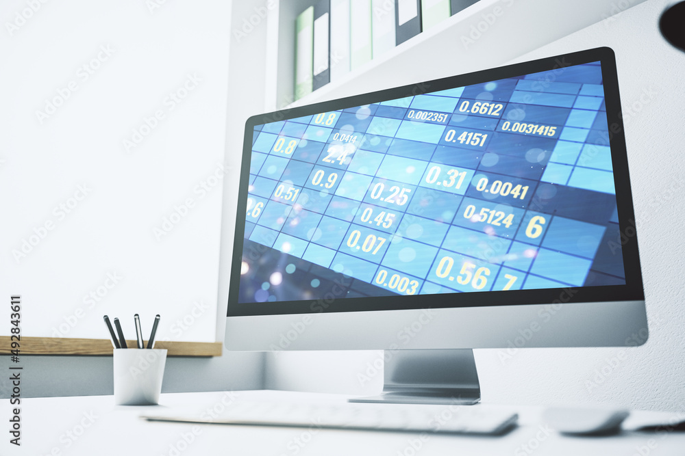 Stats data illustration on modern laptop monitor, computing and analytics concept. 3D Rendering Stats data illustration on modern laptop monitor, computing and analytics concept. 3D Rendering