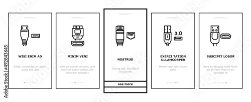 Usb Cable And Port Purchases Onboarding Mobile App Page Screen Vector. 3.0 Usb Cable And Dp Displayport, Tangle Earphone And Hub, Thunderbolt And Charger, Mini Jack And Microphone . Illustrations