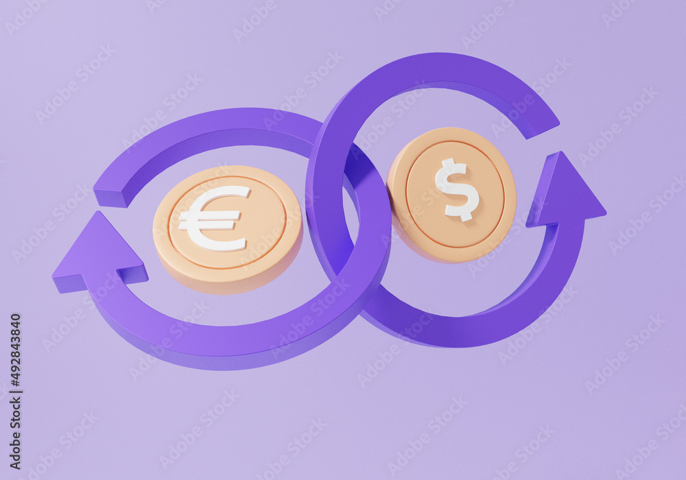 Coin euro and dollar with arrow, currency exchange transfer concept. floating on purple background, bill money Cost saving, profit, cashback, minimal cartoon, 3d render illustration Coin euro and dollar with arrow, currency exchange transfer concept. floating on purple background, bill money Cost saving, profit, cashback, minimal cartoon, 3d render illustration