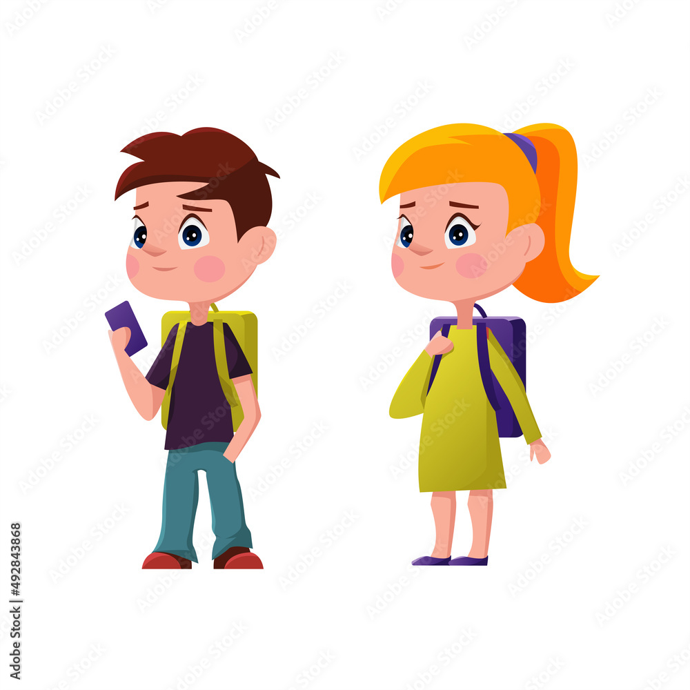 Two schoolchildren are standing isolated on a white background. Little boy and girl. Vector illustration in a cartoon style. Two schoolchildren are standing isolated on a white background. Little boy and girl. Vector illustration in a cartoon style.