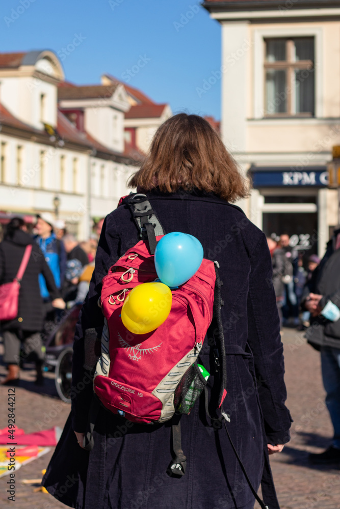 Inflatable heart ballon the color of the flag of Ukraine at a ...