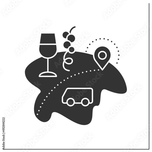 Enotourism glyph icon. Wine tourism.Tasting, consumption wine, tour on winery. Vineyard walks. Gastronomic tourism. Tourism types concept.Filled flat sign. Isolated silhouette vector illustration