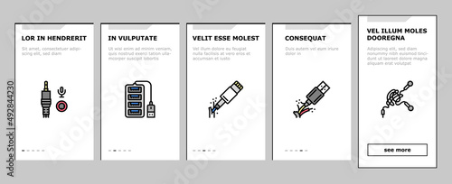 Usb Cable And Port Purchases Onboarding Mobile App Page Screen Vector. 3.0 Usb Cable And Dp Displayport, Tangle Earphone And Hub, Thunderbolt And Charger, Mini Jack And Microphone . Illustrations