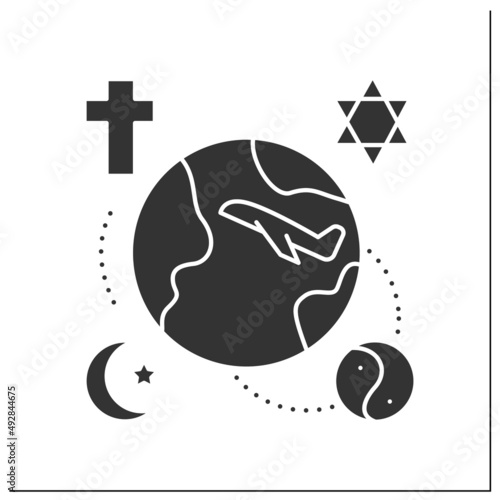 Religious tourism glyph icon. Faith tourism. Traveling to holy, sacred places or cities. Pilgrimage. Tourism types concept.Filled flat sign. Isolated silhouette vector illustration