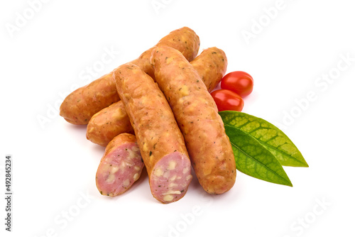 Smoked pork sausages with cheese, isolated on white background.