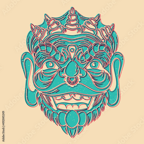 Vintage old mask. Colorful cute screen printing effect. Riso print effect. Vector illustration. Graphic element  for fabric, textile, clothing, wrapping paper, wallpaper, poster.