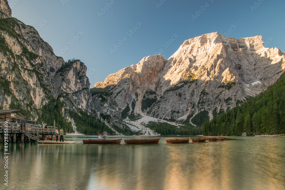 September 2021, Fanes-Sennes-Braies Natural Park, panorama of the Dolomite lake and rowing boats