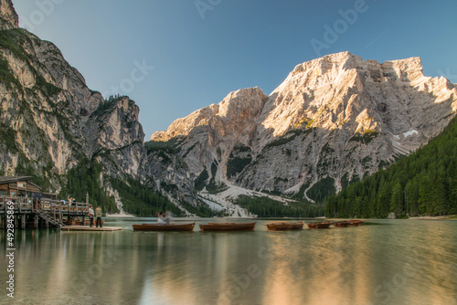 September 2021, Fanes-Sennes-Braies Natural Park, panorama of the Dolomite lake and rowing boats © silvia