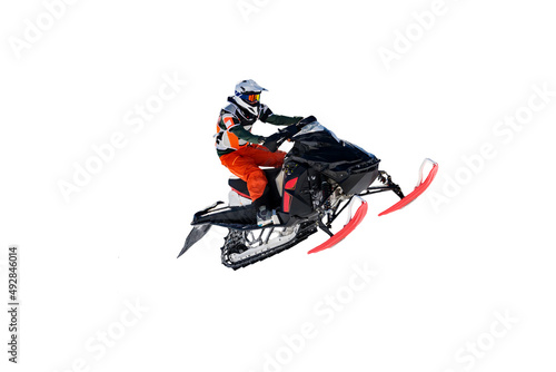 jump with snowmobile, isolated white
