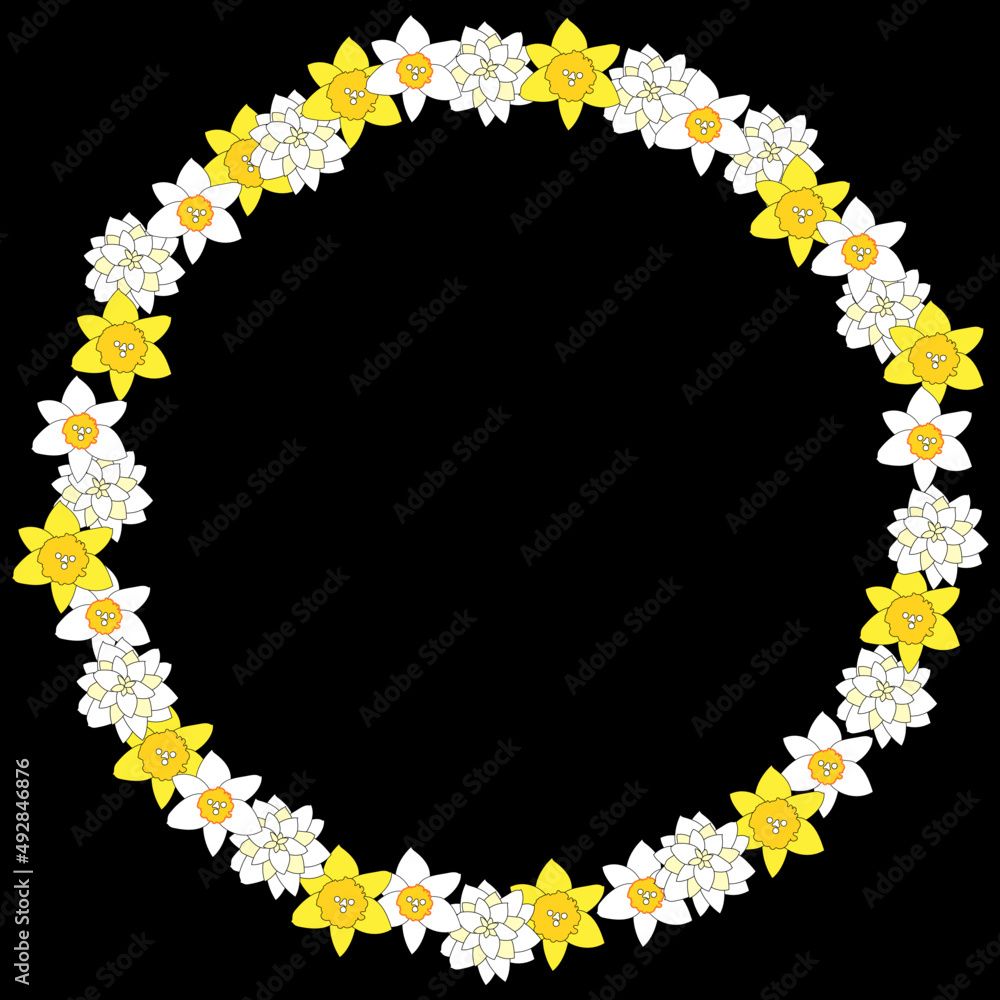 A round frame of yellow daffodil flowers with black background A round frame of yellow daffodil flowers with black background