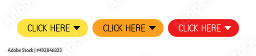 Click Here Button. Multi-colored rectangular buttons with the inscription Click here. Vector flat clipart isolated on white background.