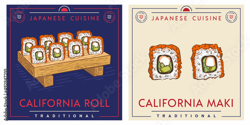 California maki - Sushi roll Japanese food served on wooden board tray