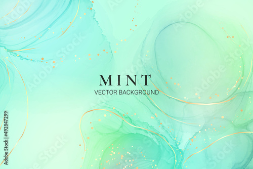 Cyan mint liquid marble watercolor background with golden lines and brush stains. Teal turquoise marbled alcohol ink drawing effect. Royal elegance watercolour vector for wedding invitation