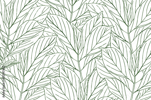 Fototapeta Naklejka Na Ścianę i Meble -  Hand drawn tropical leaves line art drawing background, Jungle palm trees seamless pattern, Trendy organic exotic leaves design for fabric, wrapping paper, poster, cover, prints. Vector illustration.