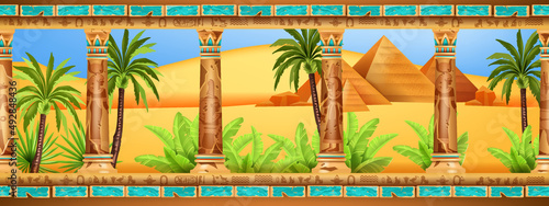 Egypt desert landscape, palm tree vector pyramid palace background, Egyptian ancient stone column. Sand dune hills, panoramic Arabic view, old civilization temple, oasis green plants. Egypt landscape