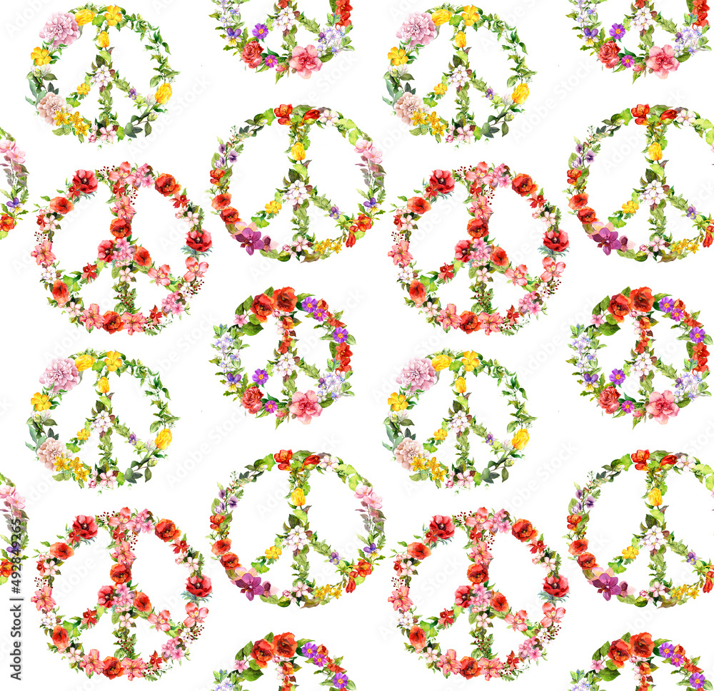 Peace sign with flowers. Seamless pattern not war emblems. Watercolor antiwar symbol repeated background Peace sign with flowers. Seamless pattern not war emblems. Watercolor antiwar symbol repeated background