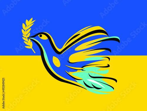 Ukranian flag with dove that carrying a branch of olive