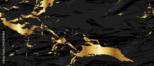 Gold black marble vector background, abstract luxury stone texture, modern glitter foil effect. Cracked dark surface, wavy scratch minimal illustration, elegant fresco interior. Gold marble granite