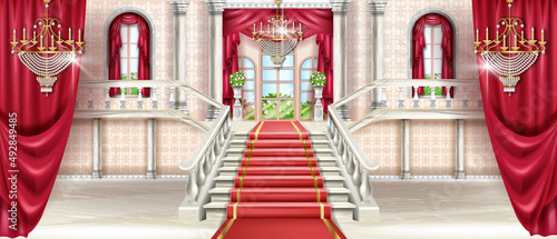 Palace interior background, vector castle ballroom hall, medieval royal kingdom room illustration. Marble staircase, rococo golden chandelier, luxury red carpet, curtain window. Palace interior photo