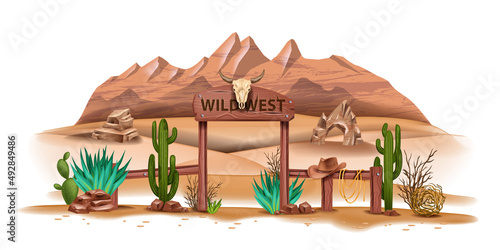 Wild west vector background, western desert landscape, canyon mountain, cactus succulent, fence. Texas rocks, wooden park entrance, cow skull, brown stones, cowboy hat. Wild west Arizona view