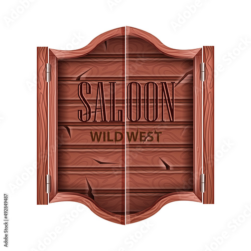 Saloon door, vector wild west bar entrance, Texas wooden pub sign, vintage timber rustic frame on white. Tavern antique gate, retro America traditional doorway. Texture swinging saloon door icon