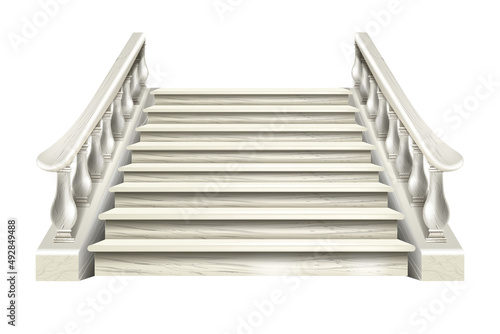 Marble staircase vector illustration, 3D white stone stairs, architecture vintage interior element. Palace balustrade, classic theater rail decoration isolated on white, Greek decor. Marble staircase