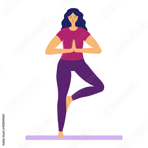 Young woman practices relaxing joga vector flat illustration