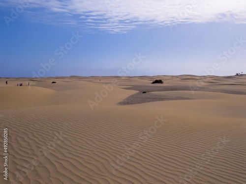 Turistas y bañistas en el campo de dunas de la playa de Maspalomas en la isla de Gran Canaria, España. Paisaje desértico y costero diseñado por el efecto del viento sobre la arena.