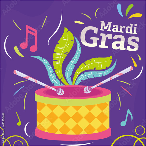Fotobehang Colored mardi gras poster drum with feathers Vector